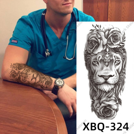 Tatouage temporaire pour homme Lion et 3 Roses