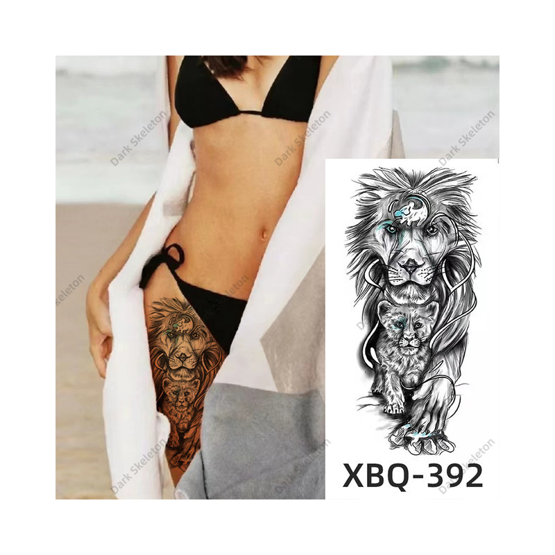Tatouage temporaire femme lion avec lionceau cuisse