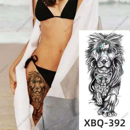 Tatouage temporaire femme lion avec lionceau cuisse